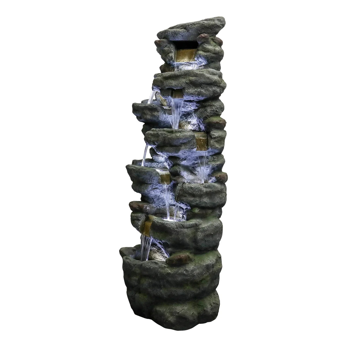 51" H Outdoor Water Fountain - 7-Tiers Rock Waterfall Fountain with LED Lights for Home Garden Decor