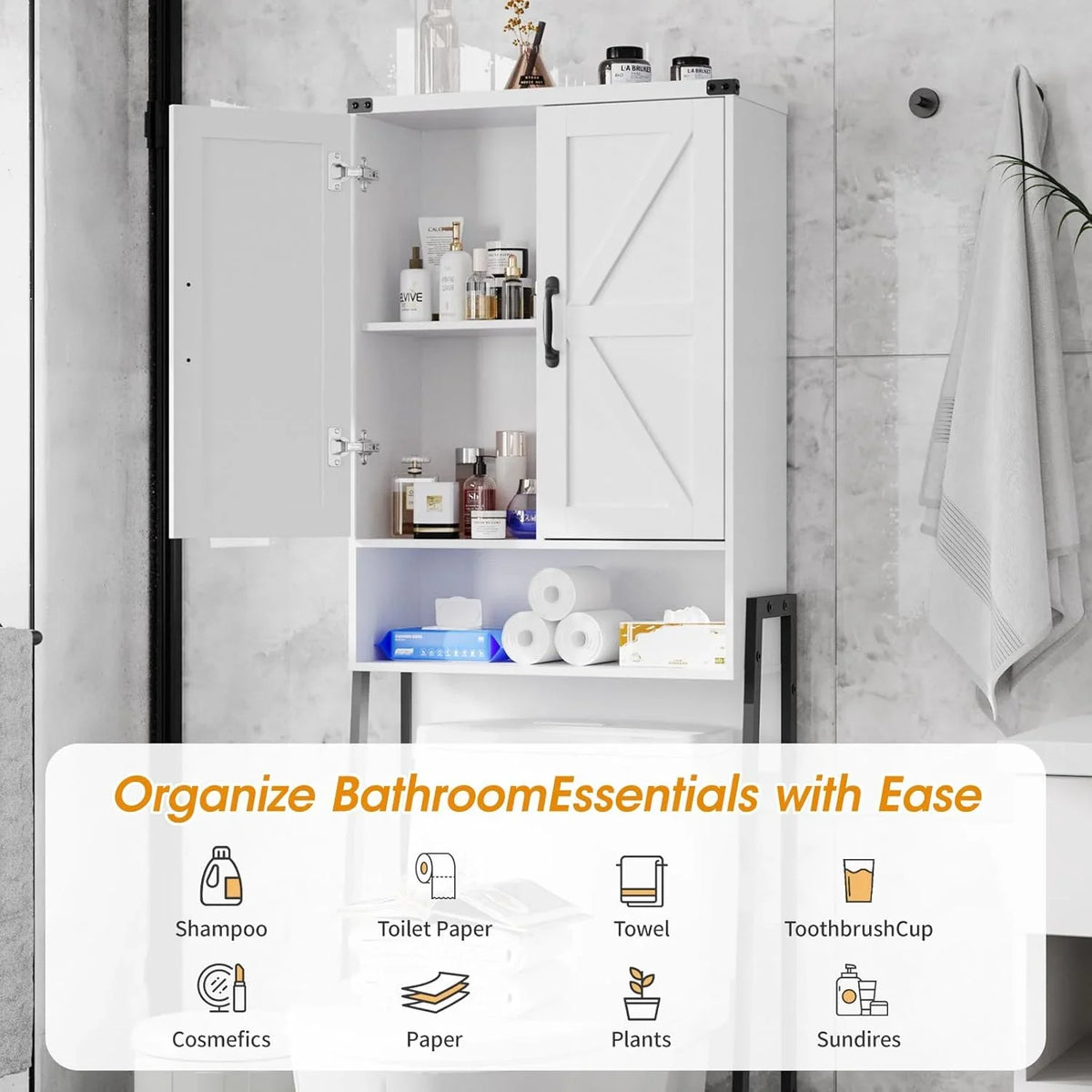 Vabches Over The Toilet Storage Cabinet, 68" H Farmhouse Freestanding Bathroom Storage Organizer with Double Doors & Storage Shelves