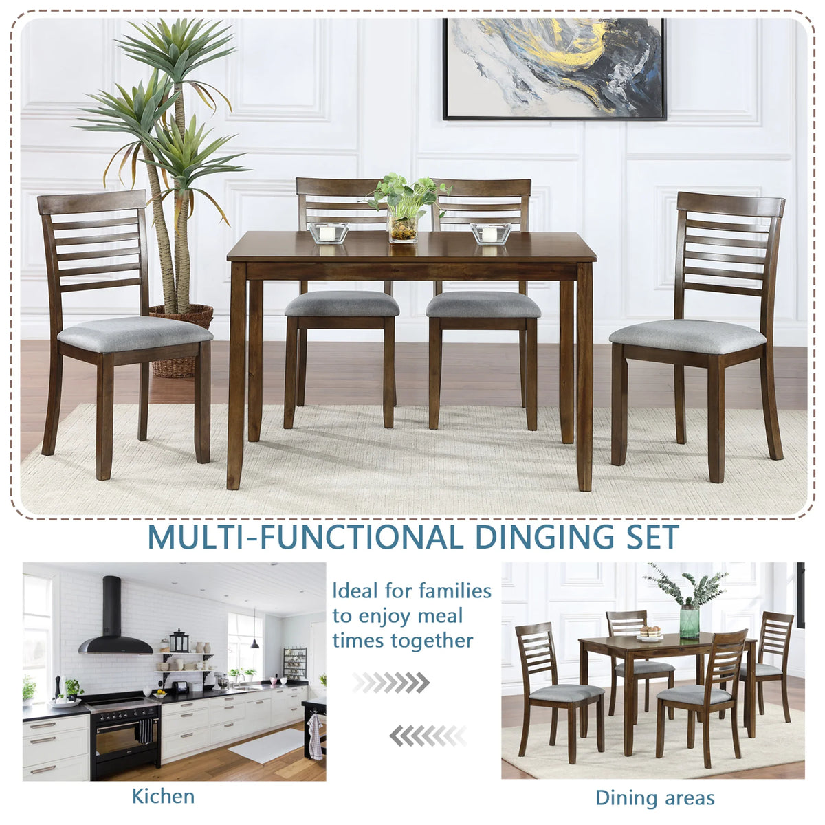 Sesslife 5 Piece Dining Set with One Rectangle Table and 4 Upholstered Chairs for 4 Persons, Dining Room Table Set for Small Place(Table+4 Chairs)