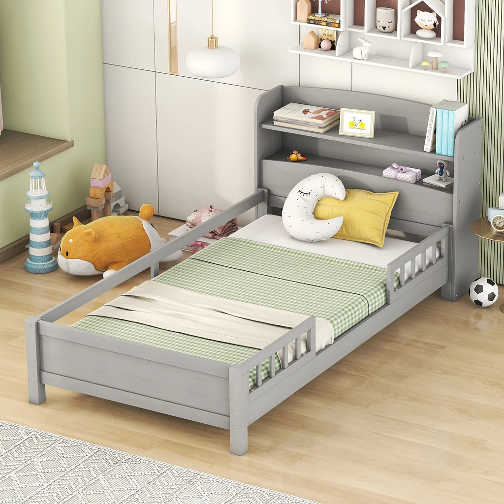 Euroco Wood Twin Size Platform Bed with Storage Headboard, Shelves and LED Light for Kids, Gray