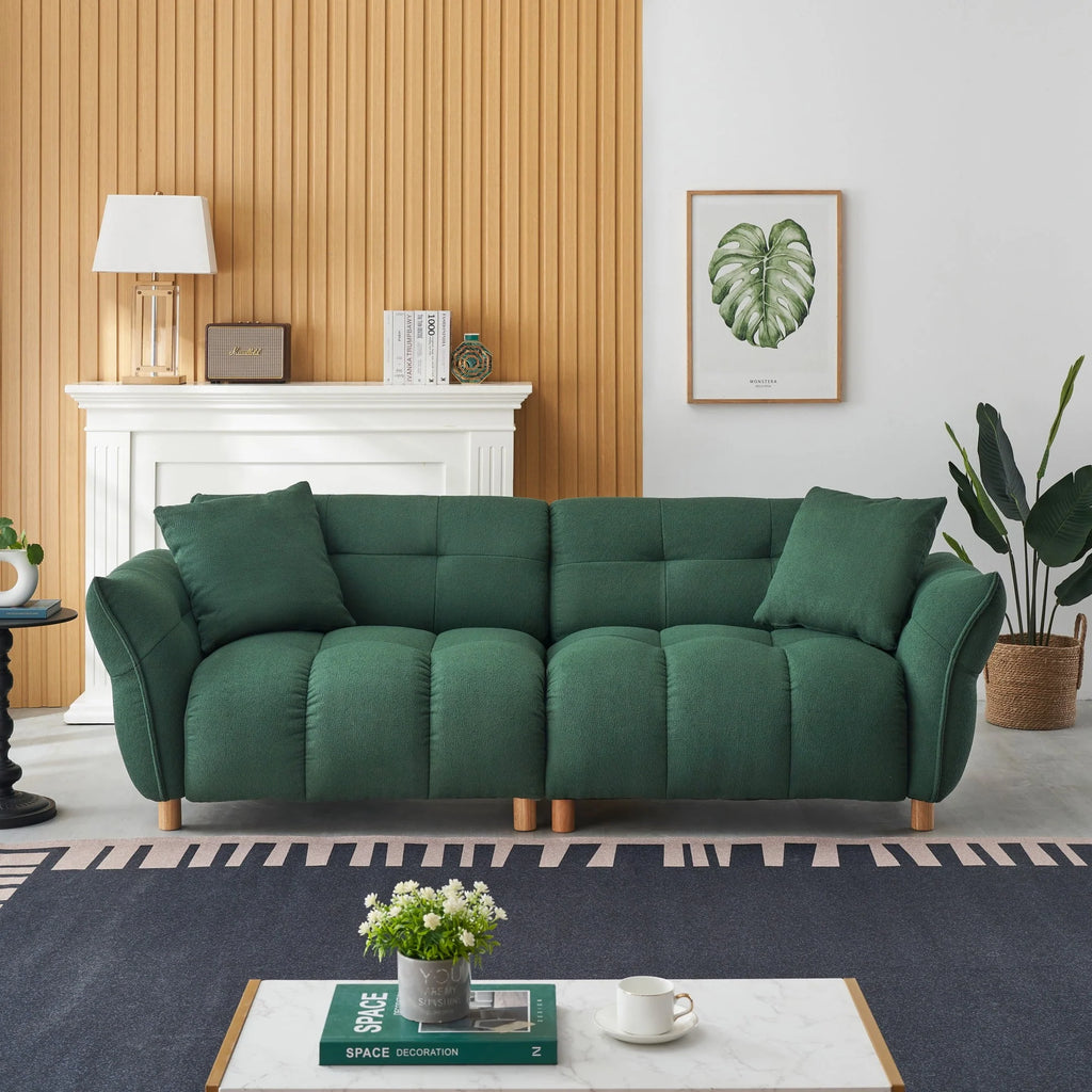 93" Sofa Couch for Living Room,Teddy Upholstered Sofa,3 Seater Couch with 2 Pillows for Apartment,Bedroom,Office,Green