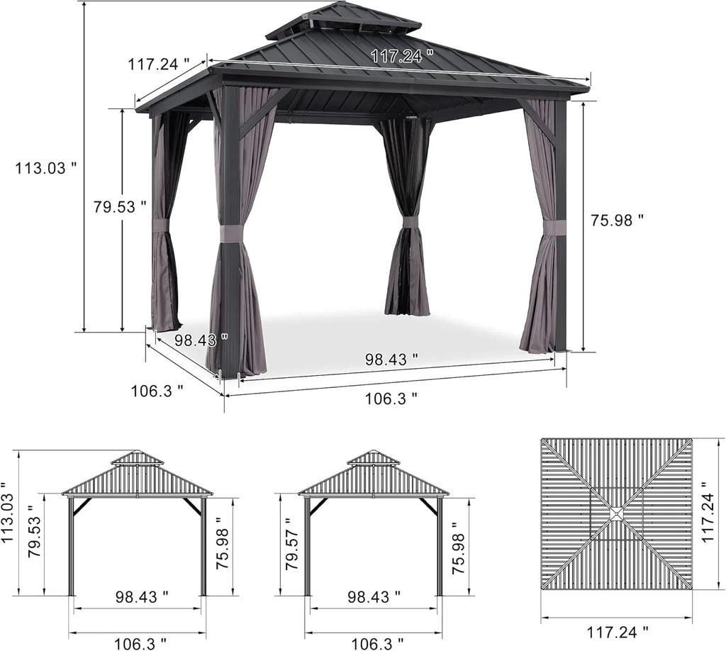 PURPLE LEAF 8' X 8' Gazebo Outdoor Gazebo Permanent Hardtop Gazebo with Galvanized Steel Double Roof for Patio Backyard Deck Aluminum Gazebo with Netting and Curtains Grey