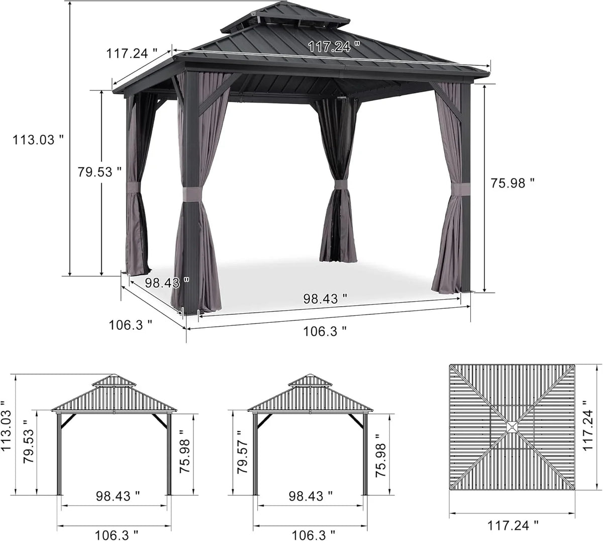 PURPLE LEAF 8' X 8' Gazebo Outdoor Gazebo Permanent Hardtop Gazebo with Galvanized Steel Double Roof for Patio Backyard Deck Aluminum Gazebo with Netting and Curtains Grey