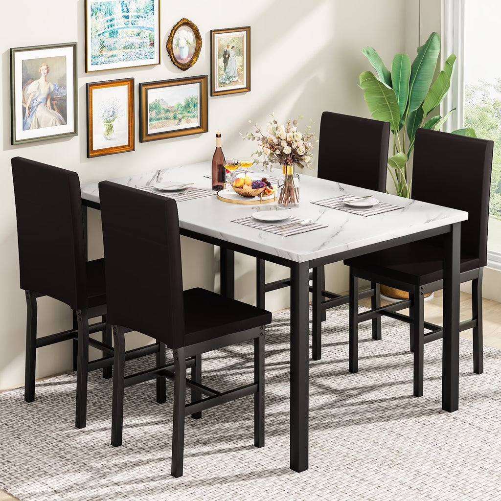 AWQM Dining Table Set of 4, Faux Marble 5 Piece Dining Room Table Set with PU Leather Chairs, Rectangular Kitchen Table Set for Apartment, Dining, White