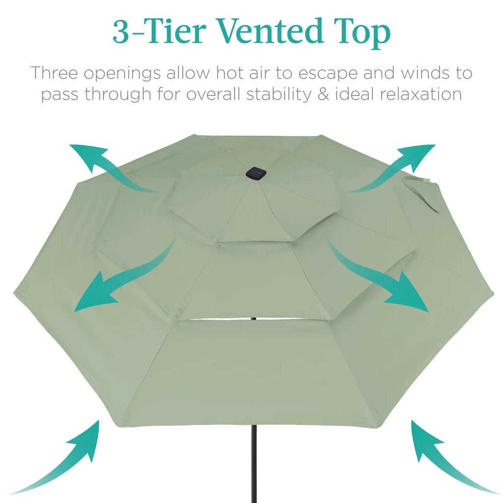 Best Choice Products 10ft 3-Tier Solar Patio Umbrella w/ 24 LED Lights, Tilt Adjustment, Easy Crank - Tan