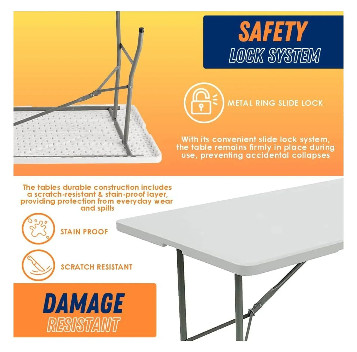 8FT Folding Table Indoor Outdoor Heavy Duty Portable Folding Plastic Dining Table w/Handle, Lock for Picnic, Party, Camping - White (4ft, 6ft, 8ft) (8ft)