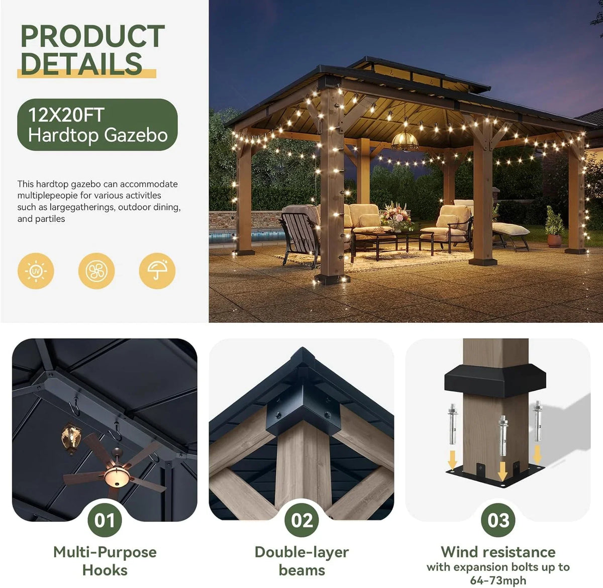 Aoxun 12' x 16' Outdoor Wood Gazebo, Hardtop Gazebo Permanent Wooden Pavilion with Galvanized Steel Double Roof, for Patio, Garden, Backyard, Cedar Wood