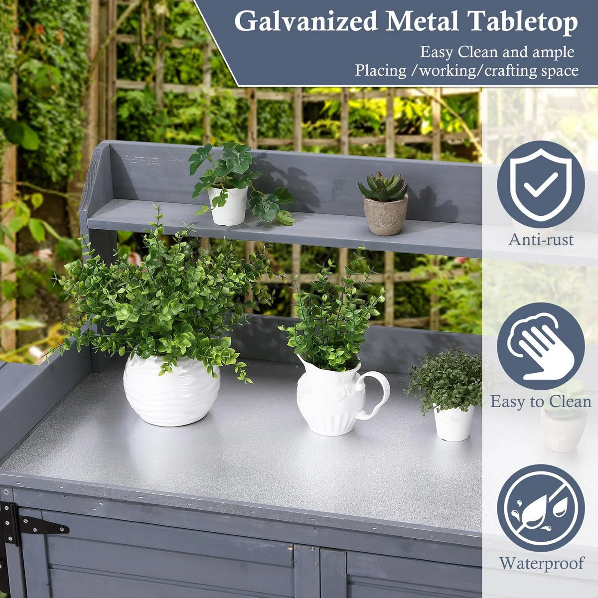 Kojooin Wooden Potting Bench Table �C Outdoor Gardening Furniture with Metal Top, Storage Cabinet & Adjustable Shelf for Patio, Garden, Greenhouse