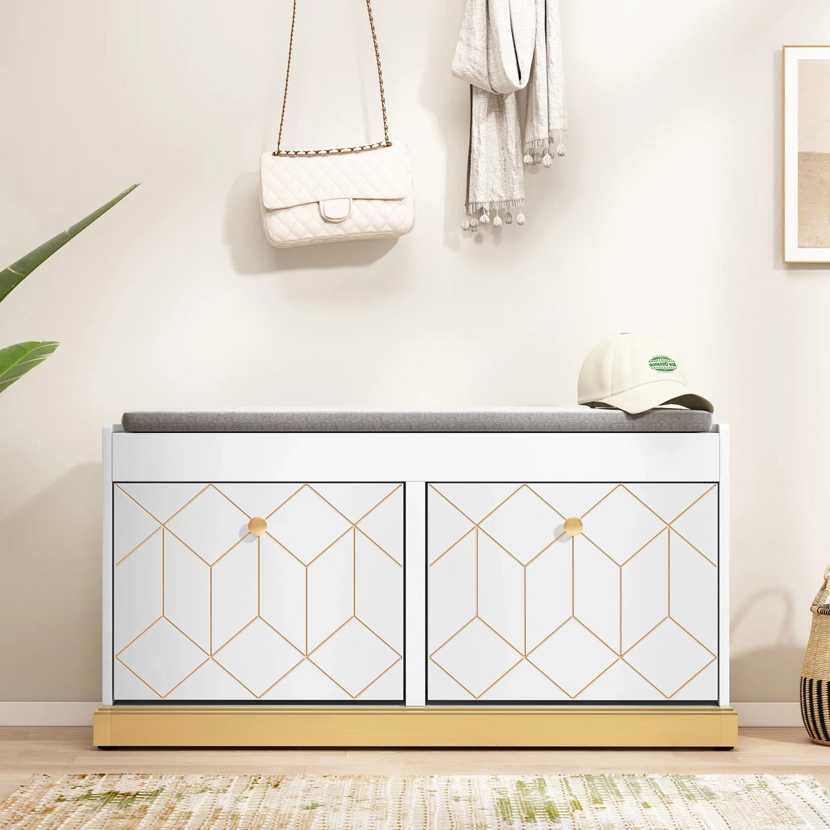 HLR White Shoe Cabinet, Shoe Cabinet with 2 Drawers Shoe Storage, Entryway Bench with Padded Seat