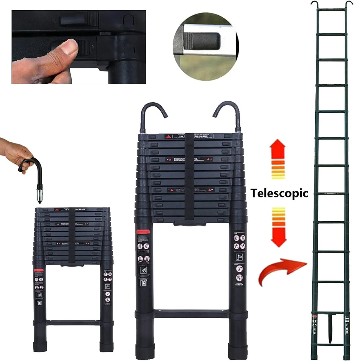 Jupiter Multi-Purpose Telescoping Extension Ladder with 2 Detachable Hooks, 20 ft, Aluminum Silver