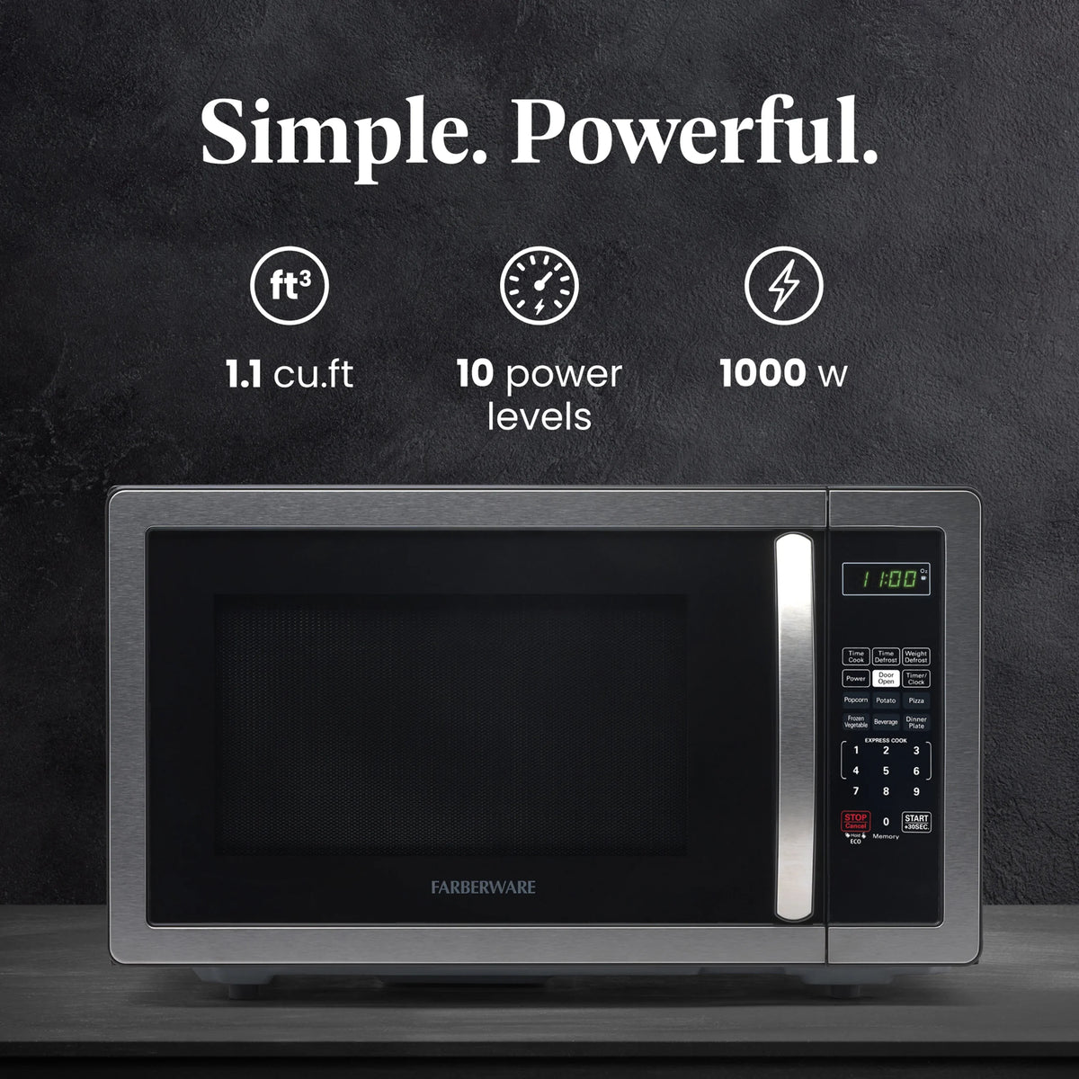 Farberware 1.1 Cu. Ft. 1000-Watt Compact Microwave Oven, Black
