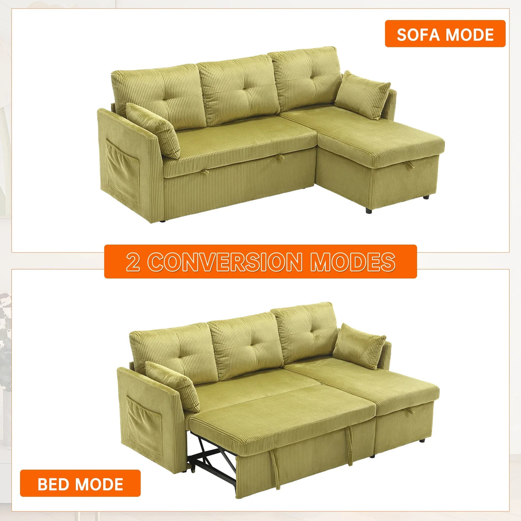 Villeston L-Shaped 3-Seat Sofa with Pull-Out Bed, with Storage Chaise Couch for Living Room, Chenille Fabric,Olive