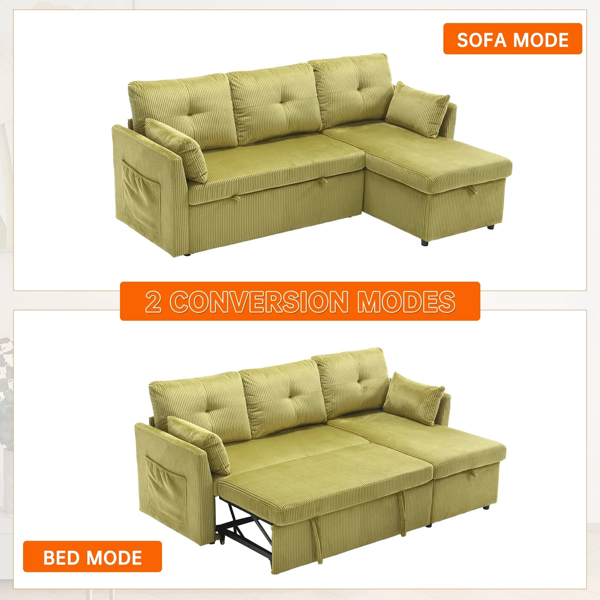 Villeston L-Shaped 3-Seat Sofa with Pull-Out Bed, with Storage Chaise Couch for Living Room, Chenille Fabric,Olive