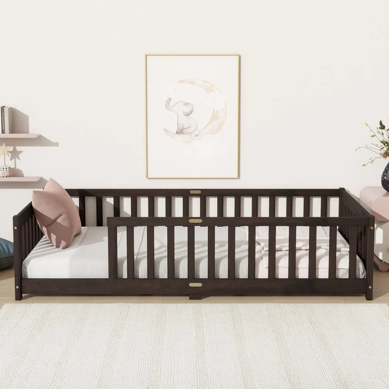Bellemave Twin Size Floor Beds, Wood Montessori Bed with Fence Railings & Support Slats, No Box Spring Needed (Gray"
