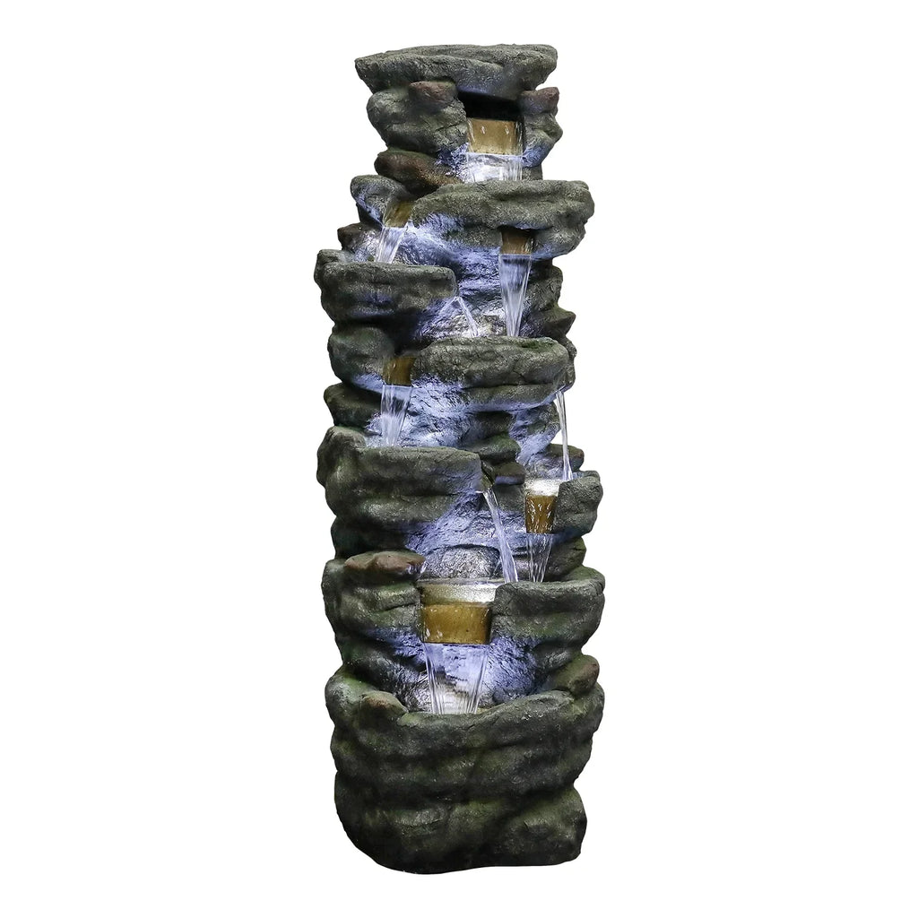 51" H Outdoor Water Fountain - 7-Tiers Rock Waterfall Fountain with LED Lights for Home Garden Decor