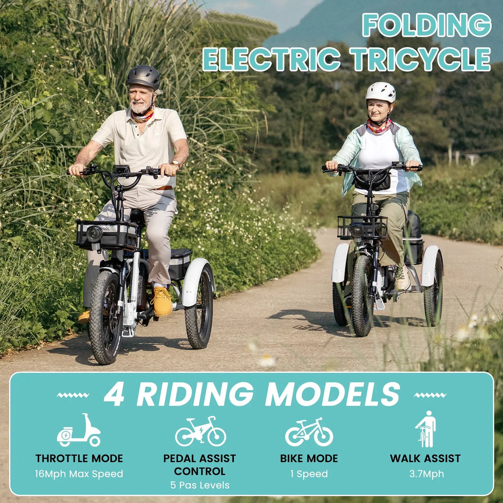 MOONCOOL TK1 Folding Electric Tricycle for Adults,48V 14.5Ah Removable battery, 500W"Peak 1000w"Motor, 20" Fat Tire Step-Thru 3Wheel Electric Bicycle w/Front&Rear Baskets, Certified to UL 2849 by SGS