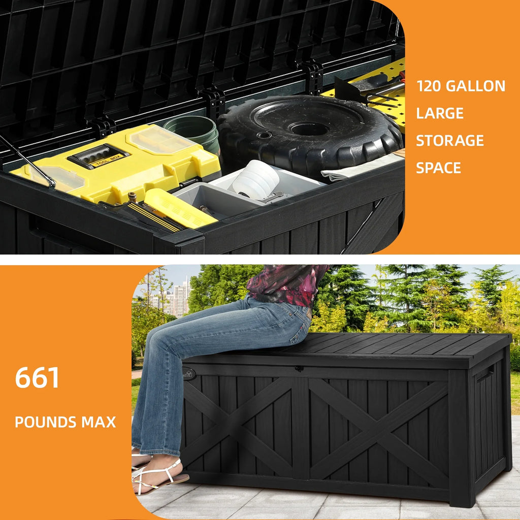 Uforic Outdoor 120 Gallon Large Resin Deck Box, Outdoor Storage Boxes with X-Shaped Front, for Patio Garden, Waterproof & Lockable, Light Brown