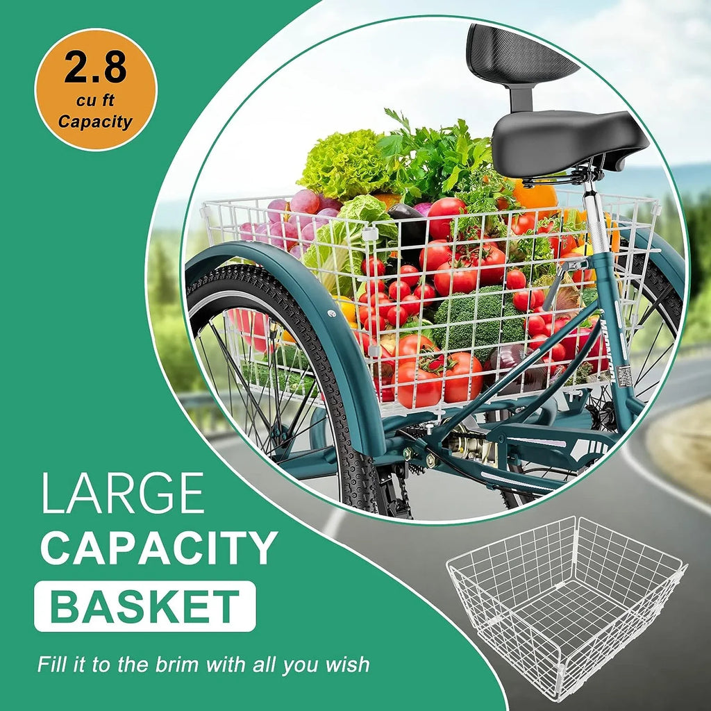 MOONCOOL Adult Tricycles with Rear Basket & Inflator, 24 26 inch 7 Speed 3 Wheel Bikes, Three-Wheeled Bicycles Adult Trike with Backrest for Seniors, Women, Men