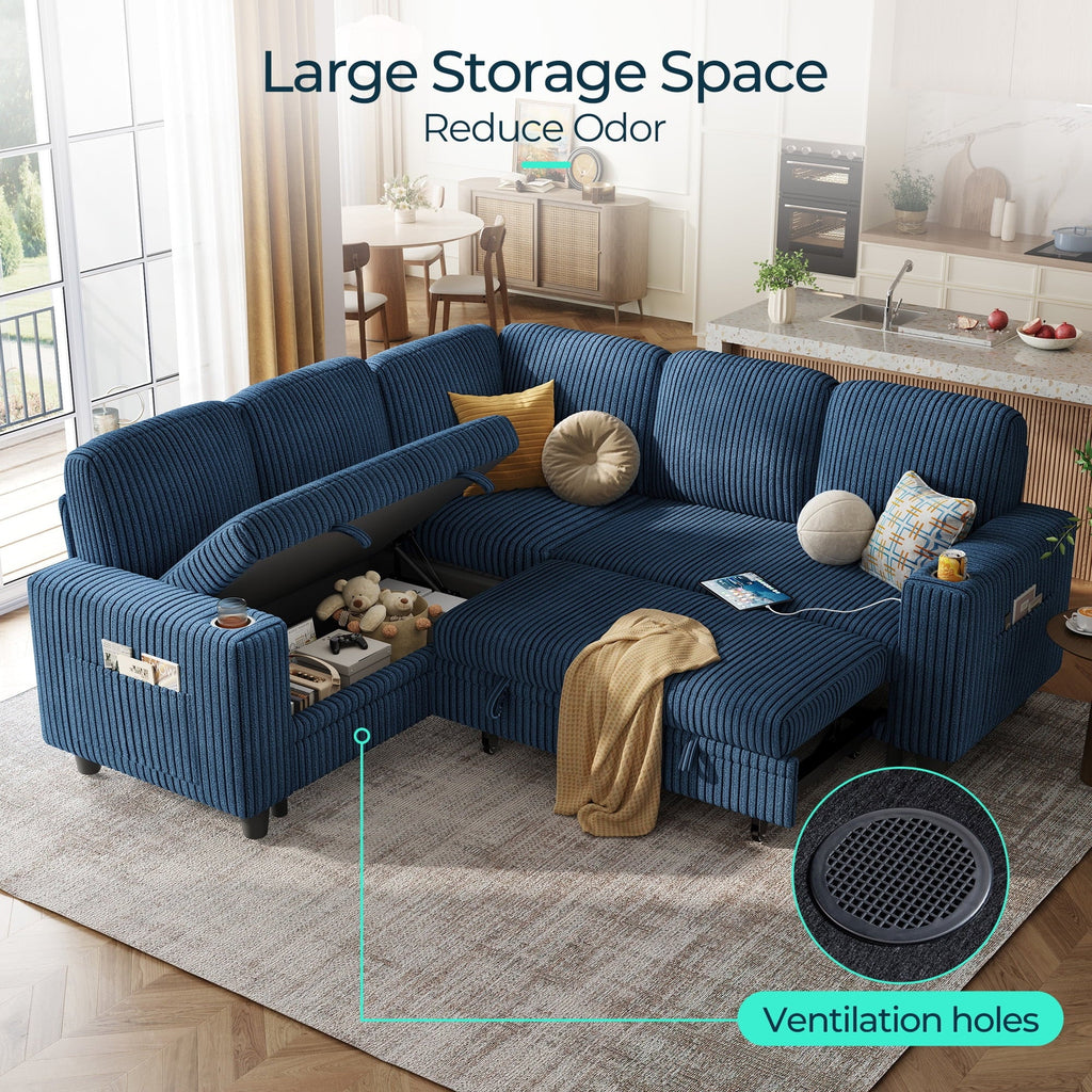 Linsy Home Storage Sectional Sleeper Sofa with Pull Out Bed, 9 Seat Modular Sectional Sofa with with USB & Cup Holder, Plush Corduroy Sectional Couches for Living Room, Green