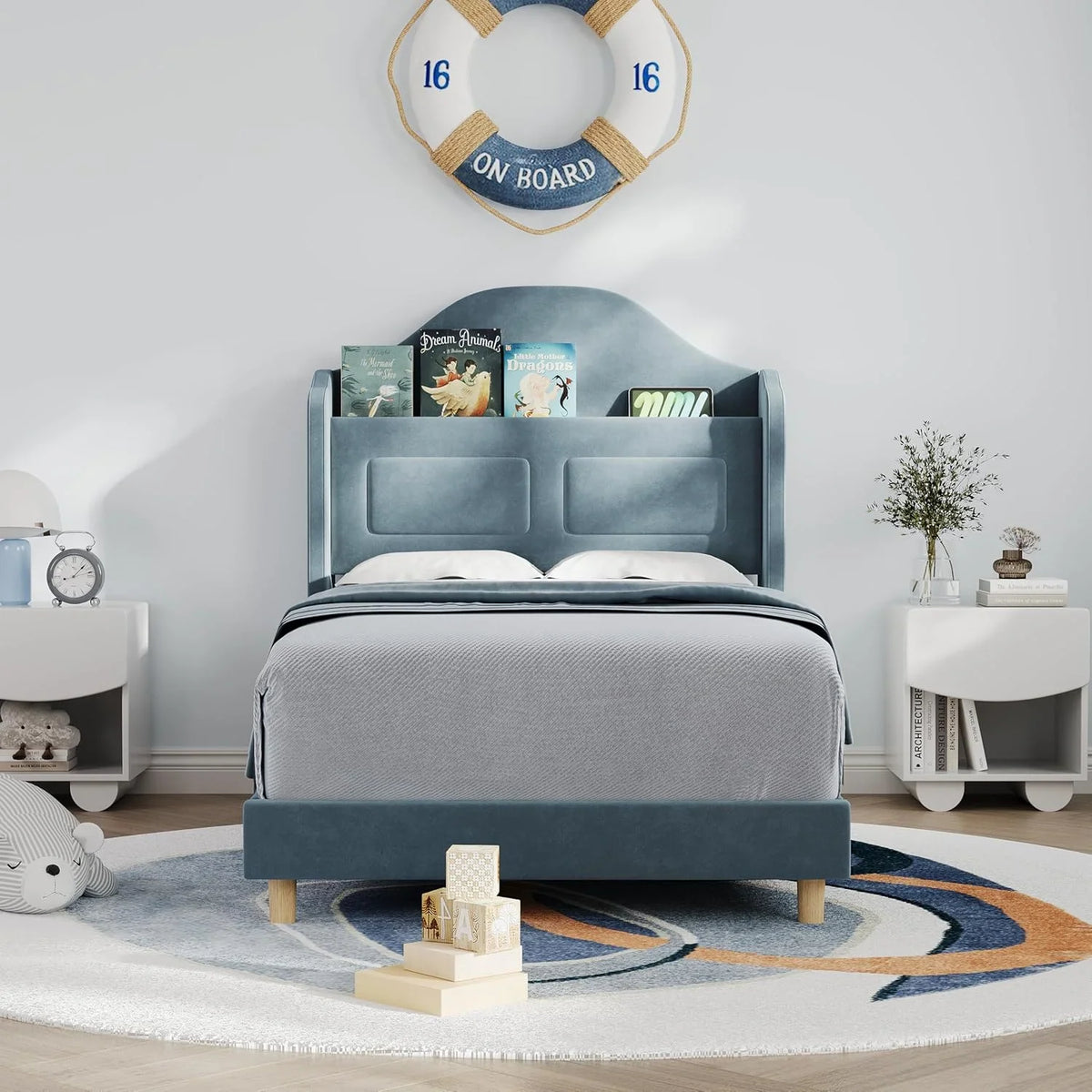 BouPower Twin Size Bed Frame with LED Lights,Platform Bed with Wing Back Storage Headboard,Upholstered Twin Bed,No Box Spring Needed,Easy Assembly