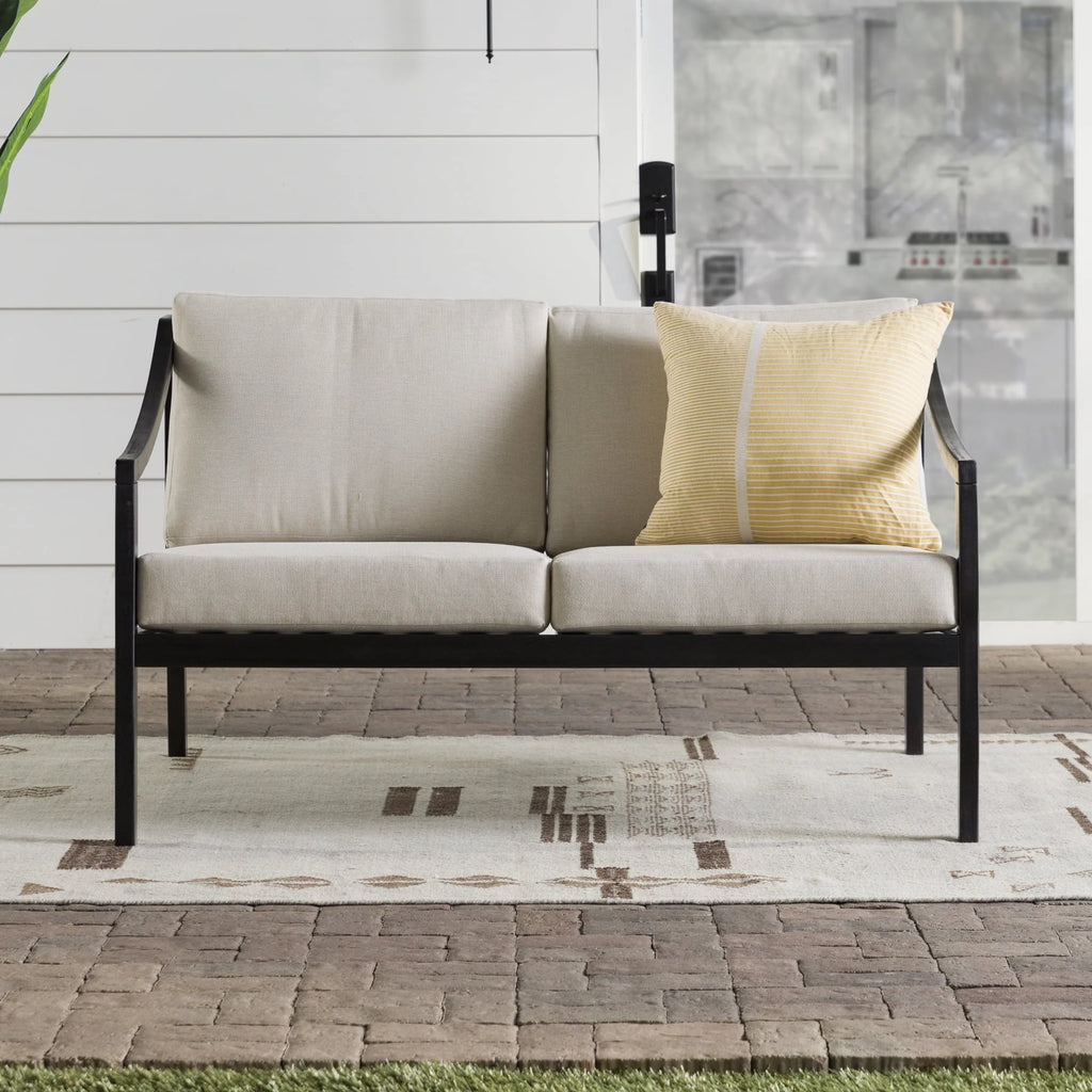 Walker Edison Modern Solid Wood Curved-Arm Outdoor Loveseat, Black