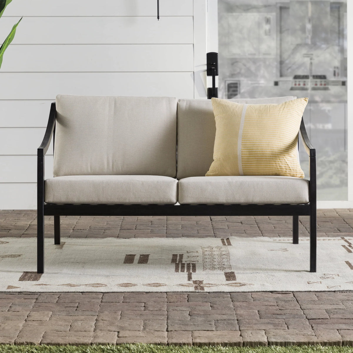Walker Edison Modern Solid Wood Curved-Arm Outdoor Loveseat, Black