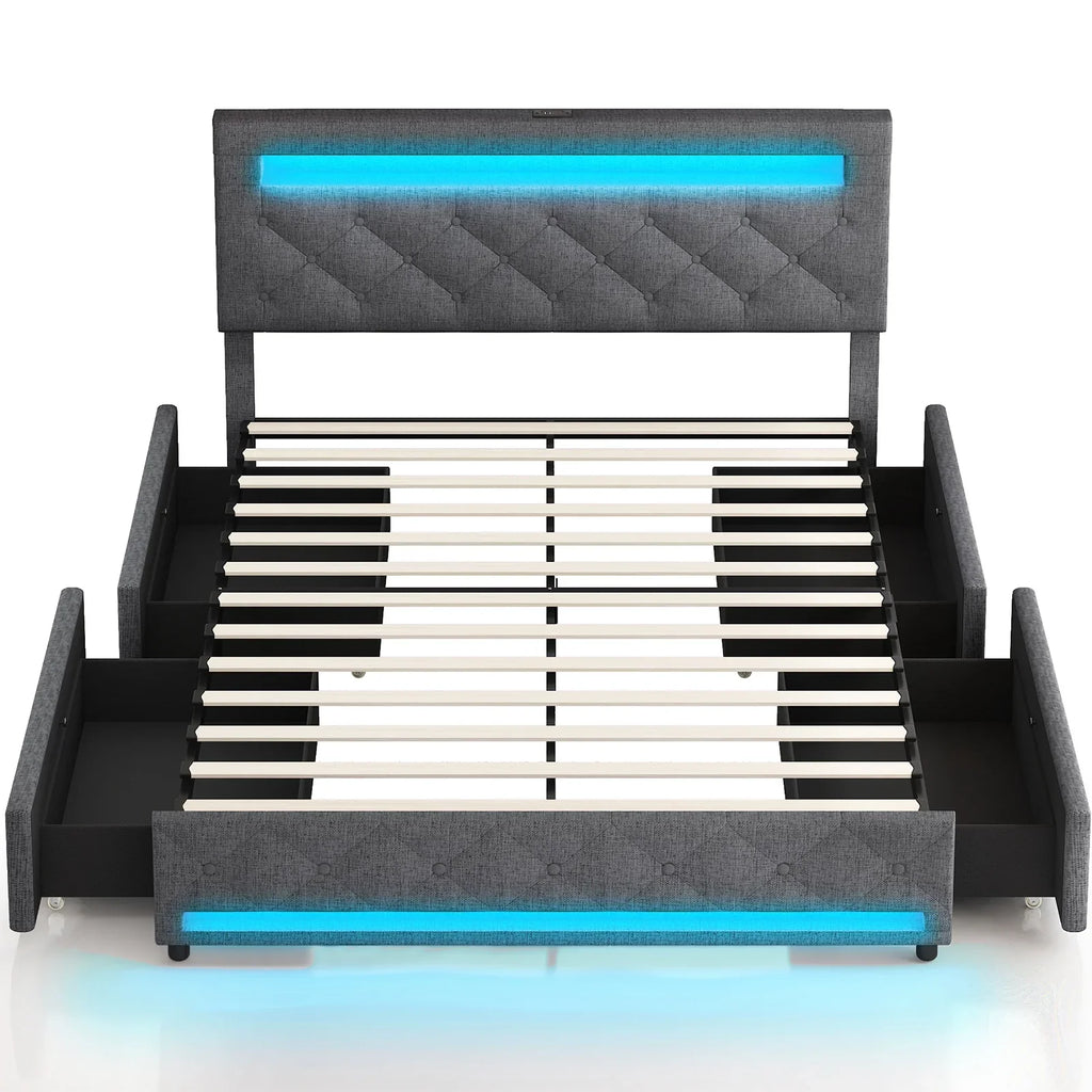LED Bed Frame Queen Size with 4 Storage Drawers + 2 USB Ports and Outlets, Adjustable Upholstered Headboard, Solid Wooden Slat Support, No Box Spring Needed