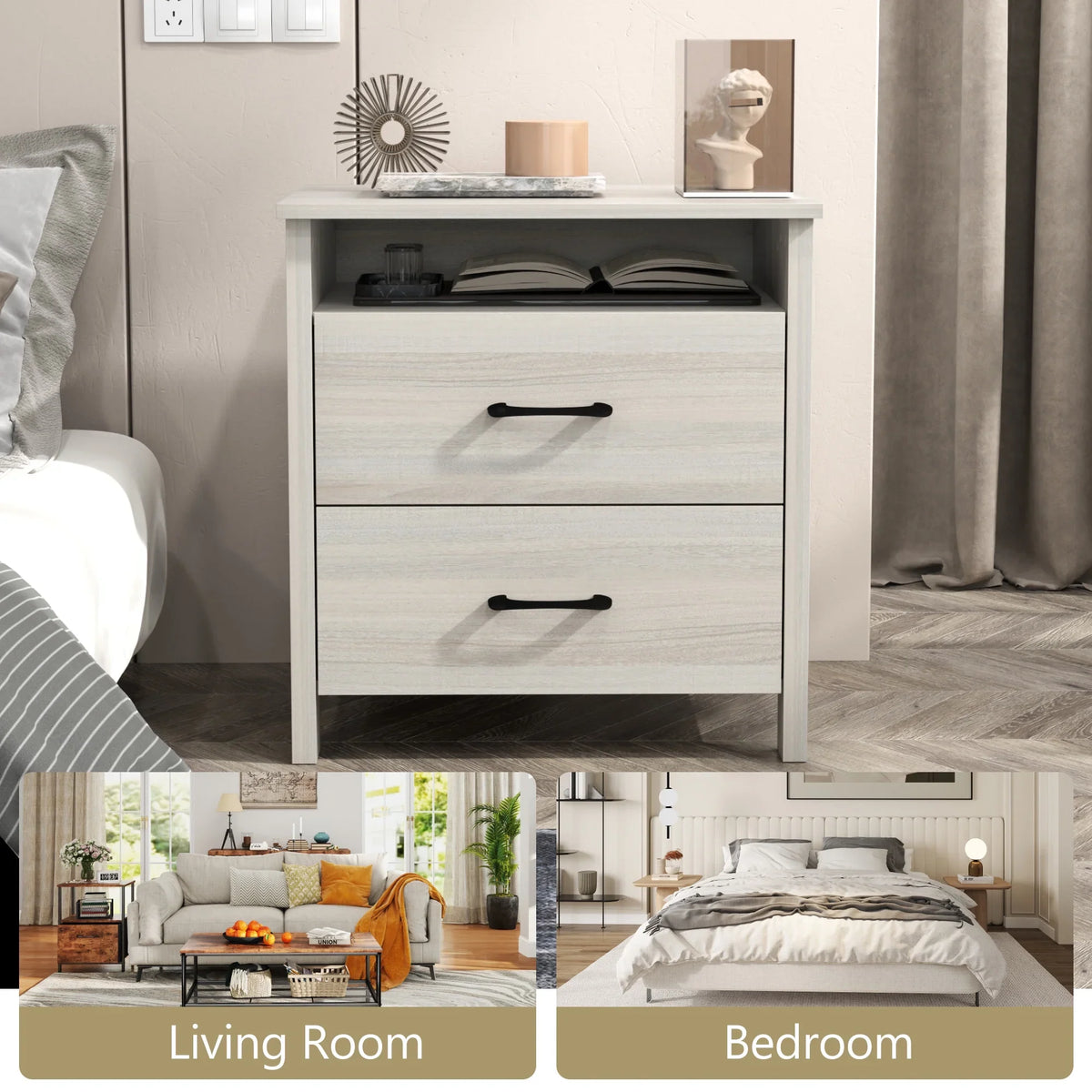 Farmhouse Nightstand with 2 Drawers, Rustic Grey Bedside Table with Open Shelf, Wooden Side End Table for Bedroom