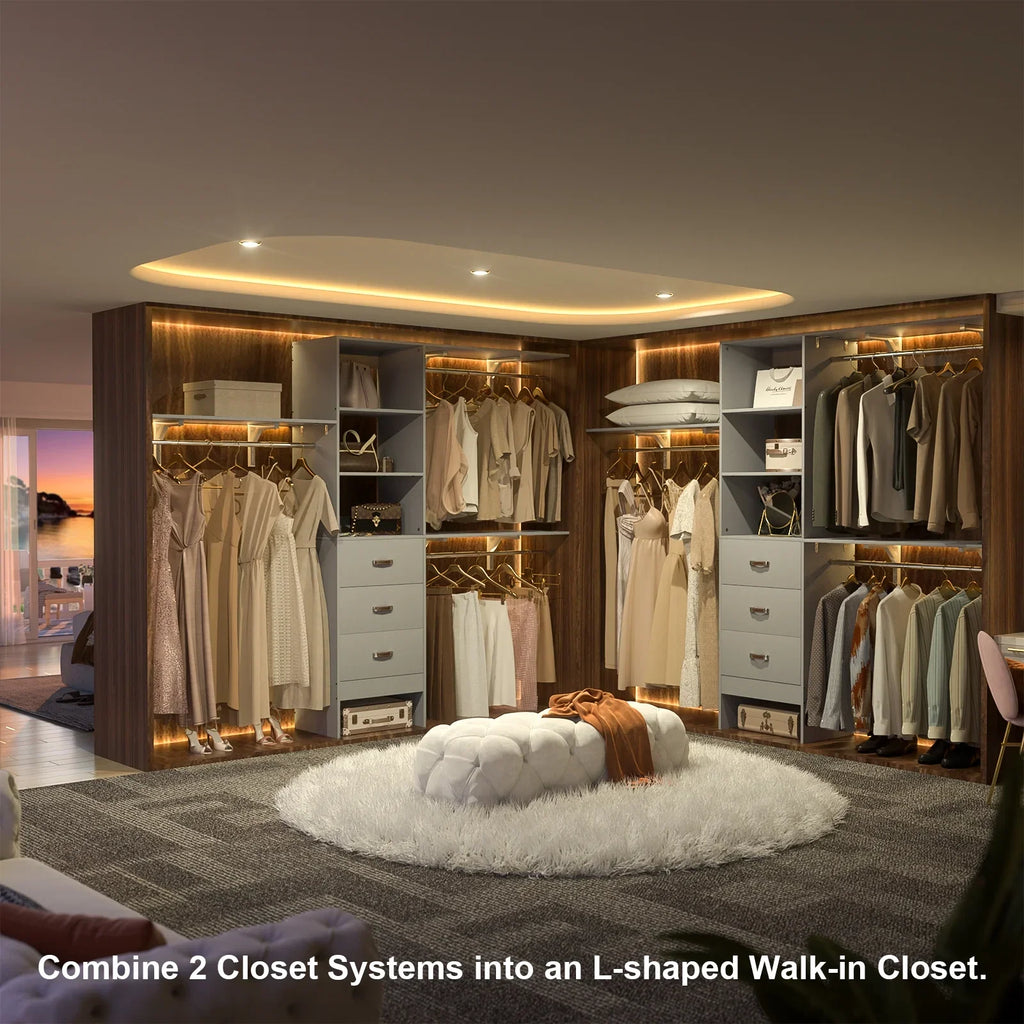 Homieasy 96 Inches Closet System, 8FT Walk In Closet Organizer with 3 Shelving Towers, Heavy Duty Clothes Rack with 3 Drawers, Built-In Garment Rack, 96" L x 16" W x 75" H, White