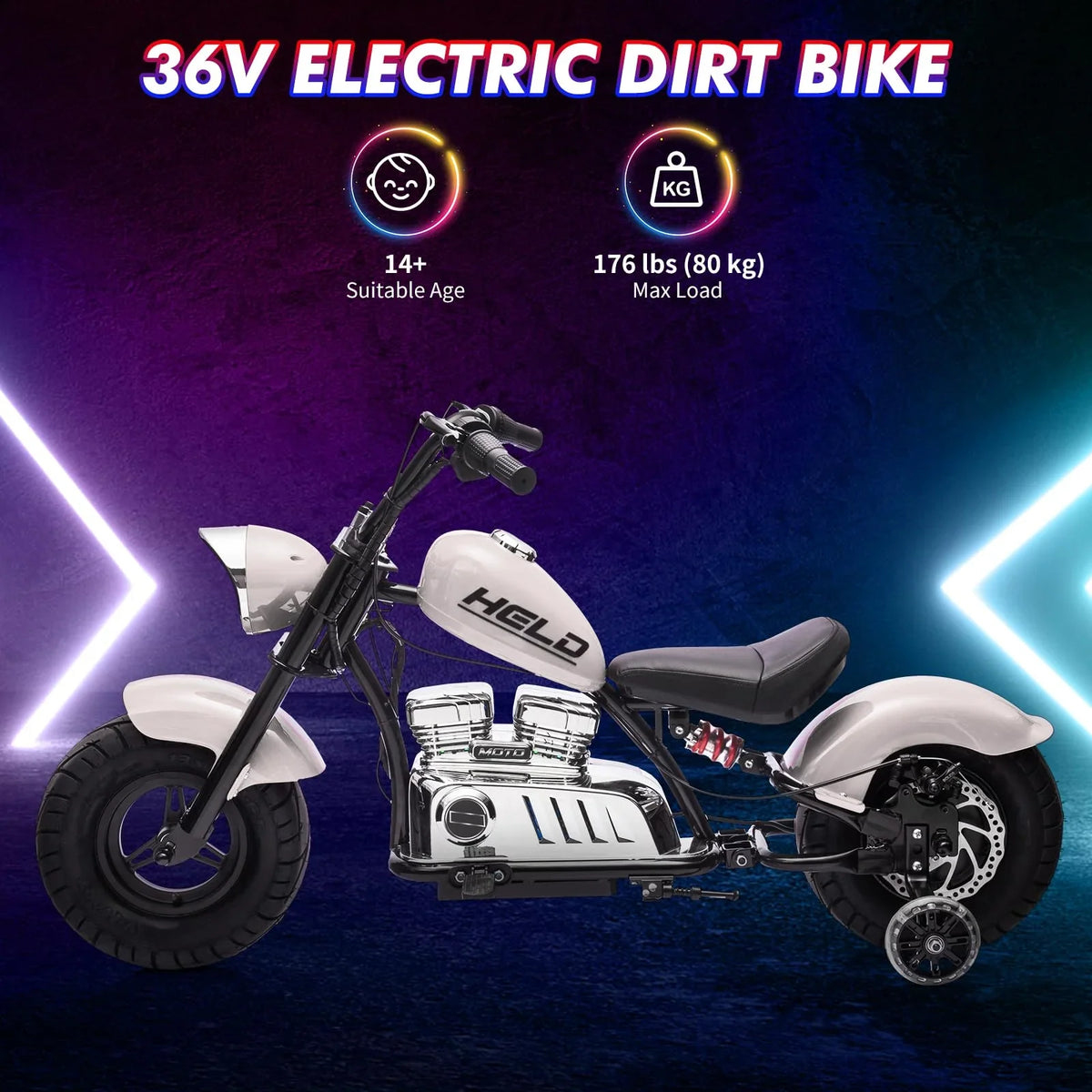 Towallmark 36V Kids Electric Dirt Bike, 350W Off-Road Motorcycle, Max 16.5 Mph, Ride On Electric Motorcycle with Removable Training Wheels, Spring Suspension, Leather Seat, Led Light,Music