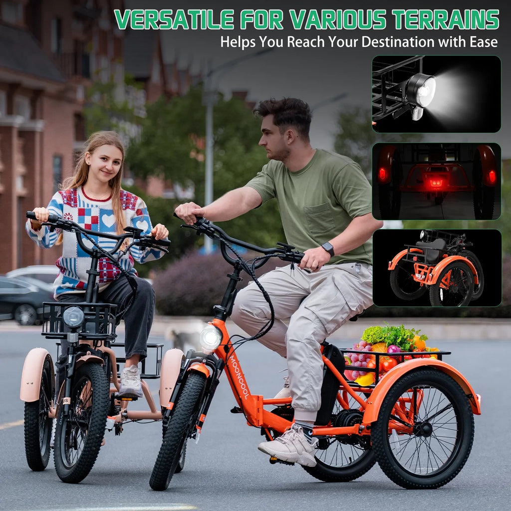 MOONCOOL TK1 Folding Electric Tricycle for Adults,48V 14.5Ah Removable battery, 500W"Peak 1000w"Motor, 20" Fat Tire Step-Thru 3Wheel Electric Bicycle w/Front&Rear Baskets, Certified to UL 2849 by SGS