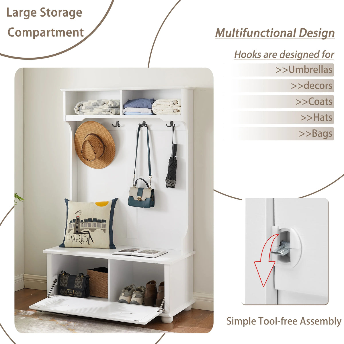 Solid Wood Coastal Style Hall Tree Entryway Bench with Coat Rack, Shoe Storage, and Open Shelves - White