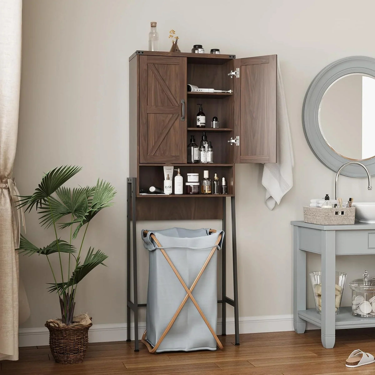 Vabches Over The Toilet Storage Cabinet, 68" H Farmhouse Freestanding Bathroom Storage Organizer with Double Doors & Storage Shelves