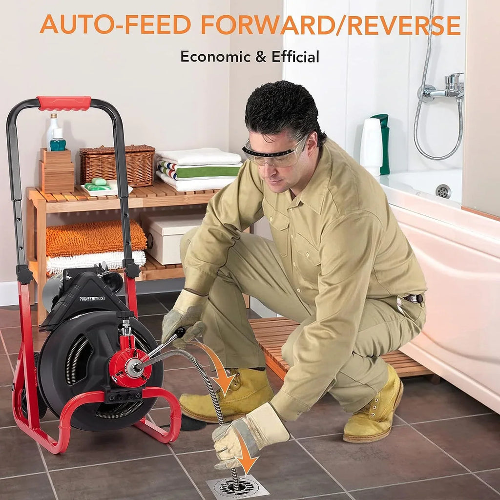 75Ft x 1/2 Inch Drain Cleaner Machine, Auto-feed Electric Drain Auger Professional for 2 to 4 Inch Pipes, with 6 Cutters, Glove, Drain Auger Cleaner Sewer Snake