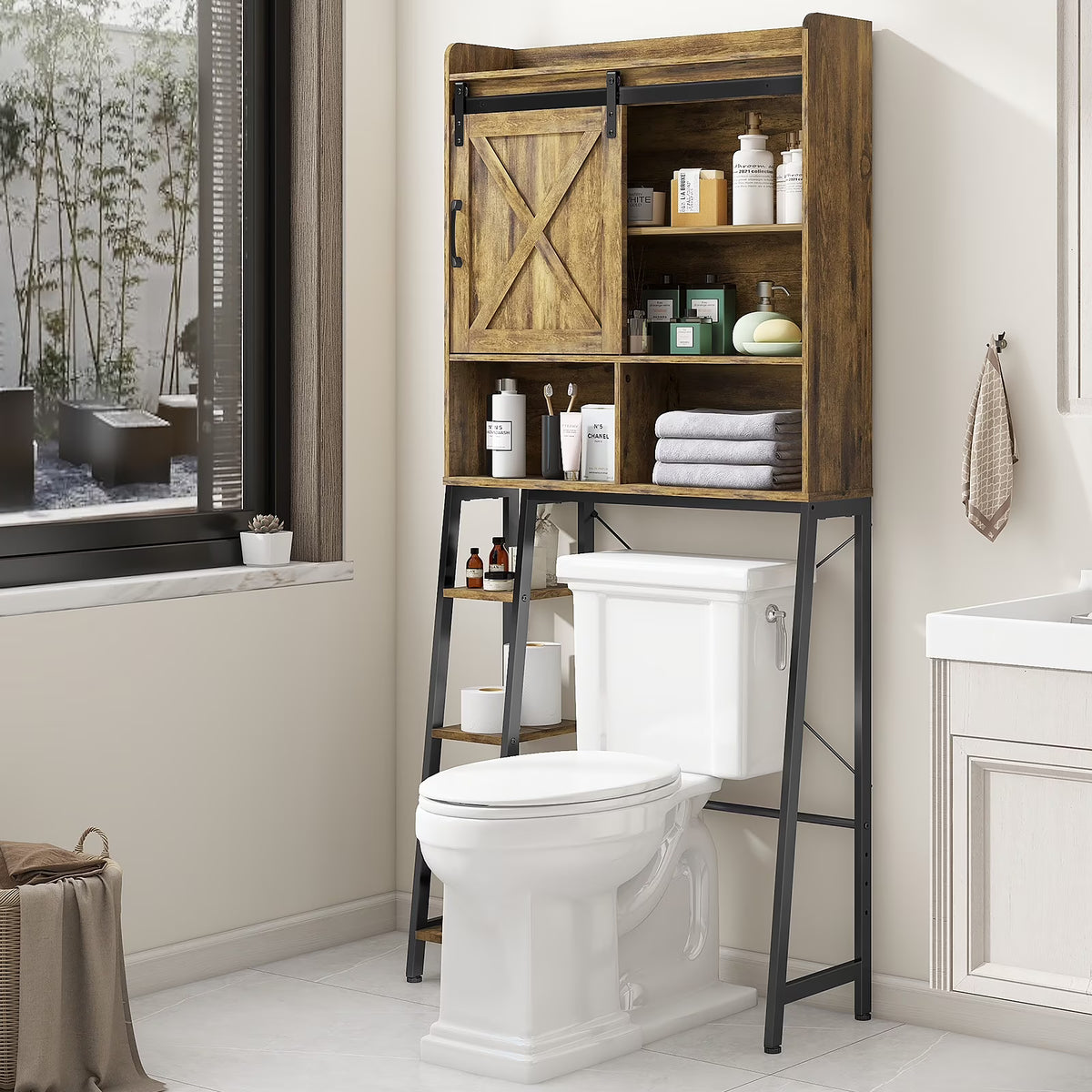 Vabches Over The Toilet Storage Cabinet with Sliding Door and Integrated Toilet Paper Holder, Ideal for Bathrooms, Restrooms, and Laundry Rooms.
