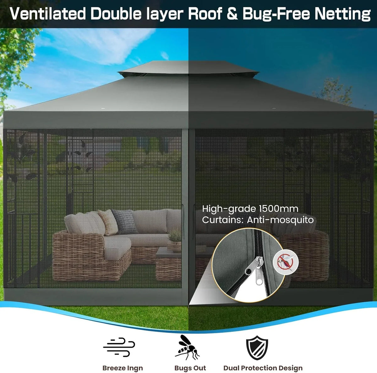 COBIZI 10' x 13' Pop Up Gazebo, Screened Patio Gazebo, Outdoor Steel Double Roof Canopy Tent, Metal Frame Canopy with Mosquito Netting, Sunshade for Garden, Lawns, Gray