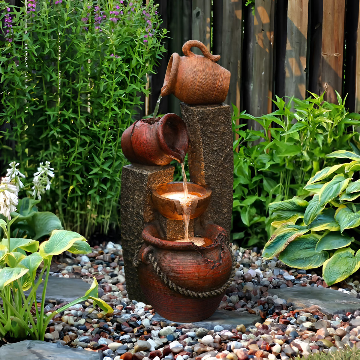 LuxenHome 32 Inch Resin Outdoor Water Fountain with Lights, Farmhouse Outdoor Water Features