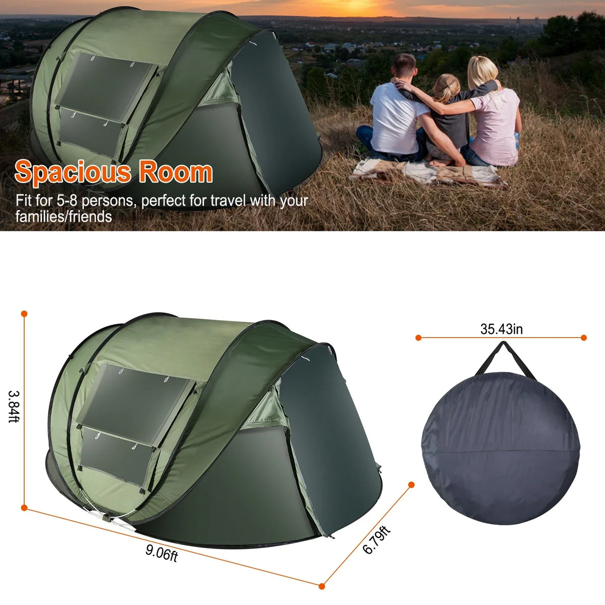 Tcbosik Easy Pop Up Tent for 5-8 Person, Automatic Setup Instant Family Tent with 2 Doors and 4 Mosquito Net Windows, Waterproof Camping Tent with Carry Bag for Hiking & Traveling, Khaki