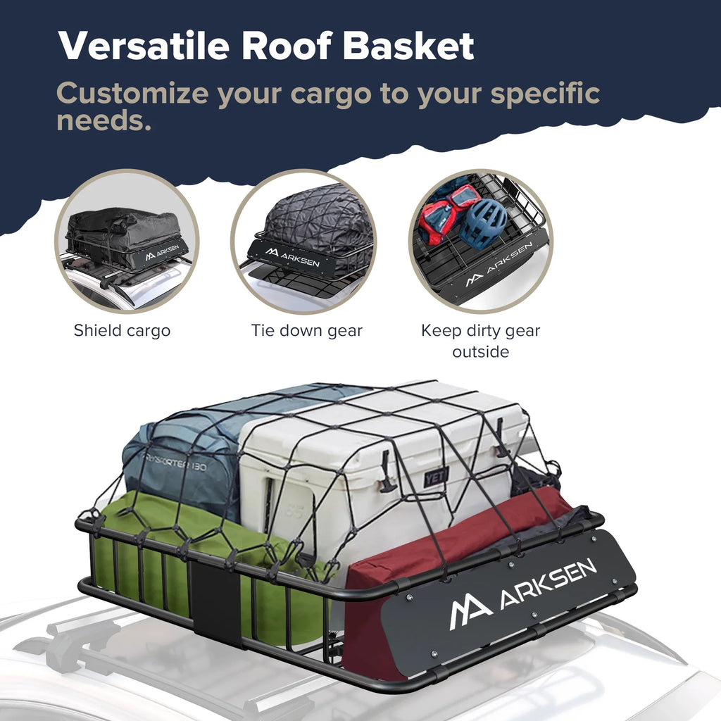 ARKSEN 43 x 39 x 6 inch Heavy Duty Roof Rack Cargo Carrier w/ 500D PVC Waterproof Cargo Bag, Universal Steel Roof Basket with Extension, 150 LBS Capacity Car Top Luggage Holder for SUV, Truck, Pickup