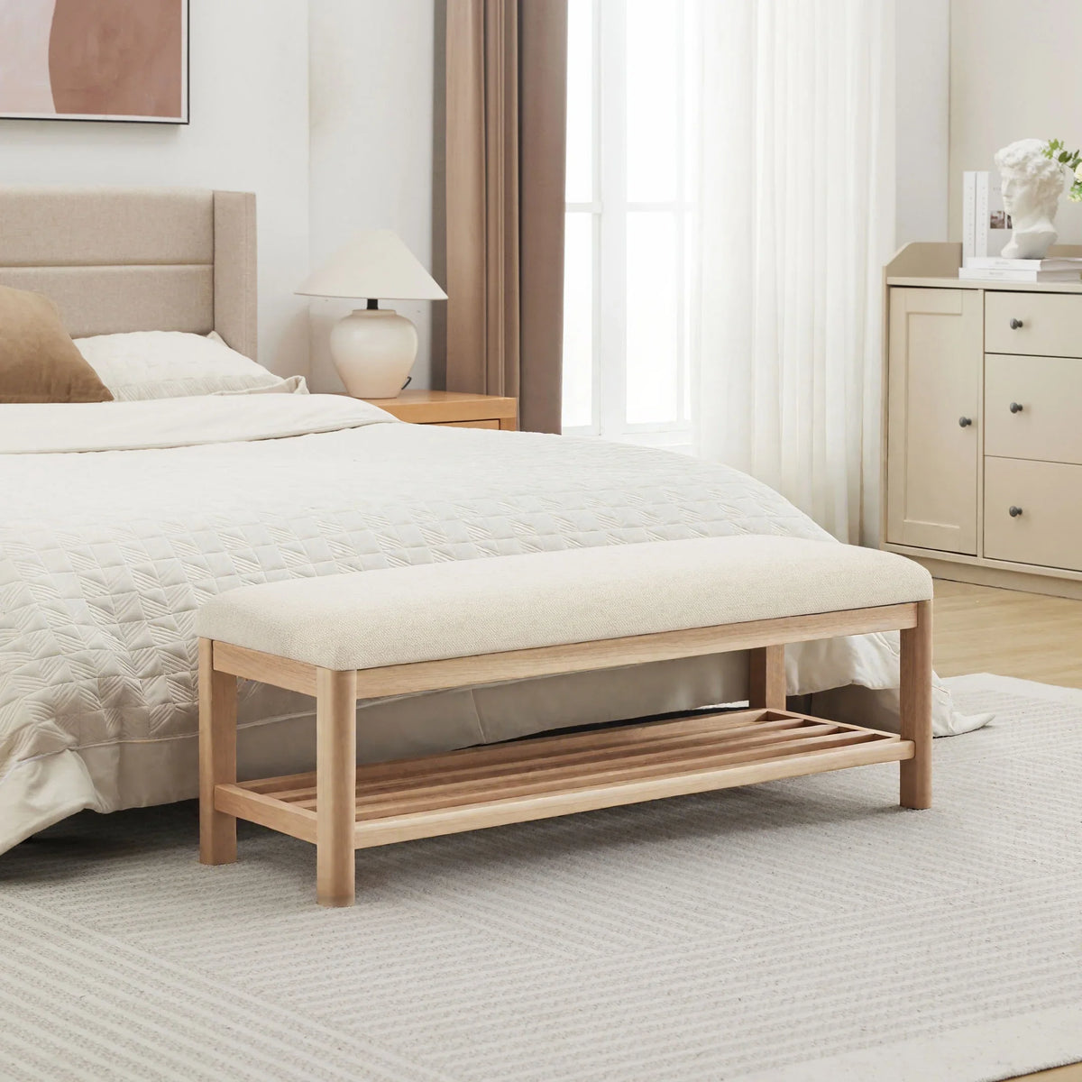 Zesthouse 42.9�?Shoe Bench with Storage, Entryway Bench for Living Room, Bedroom and Hallway, Linen Fabric Upholstered Bench with Solid Wood Shelf, Gray
