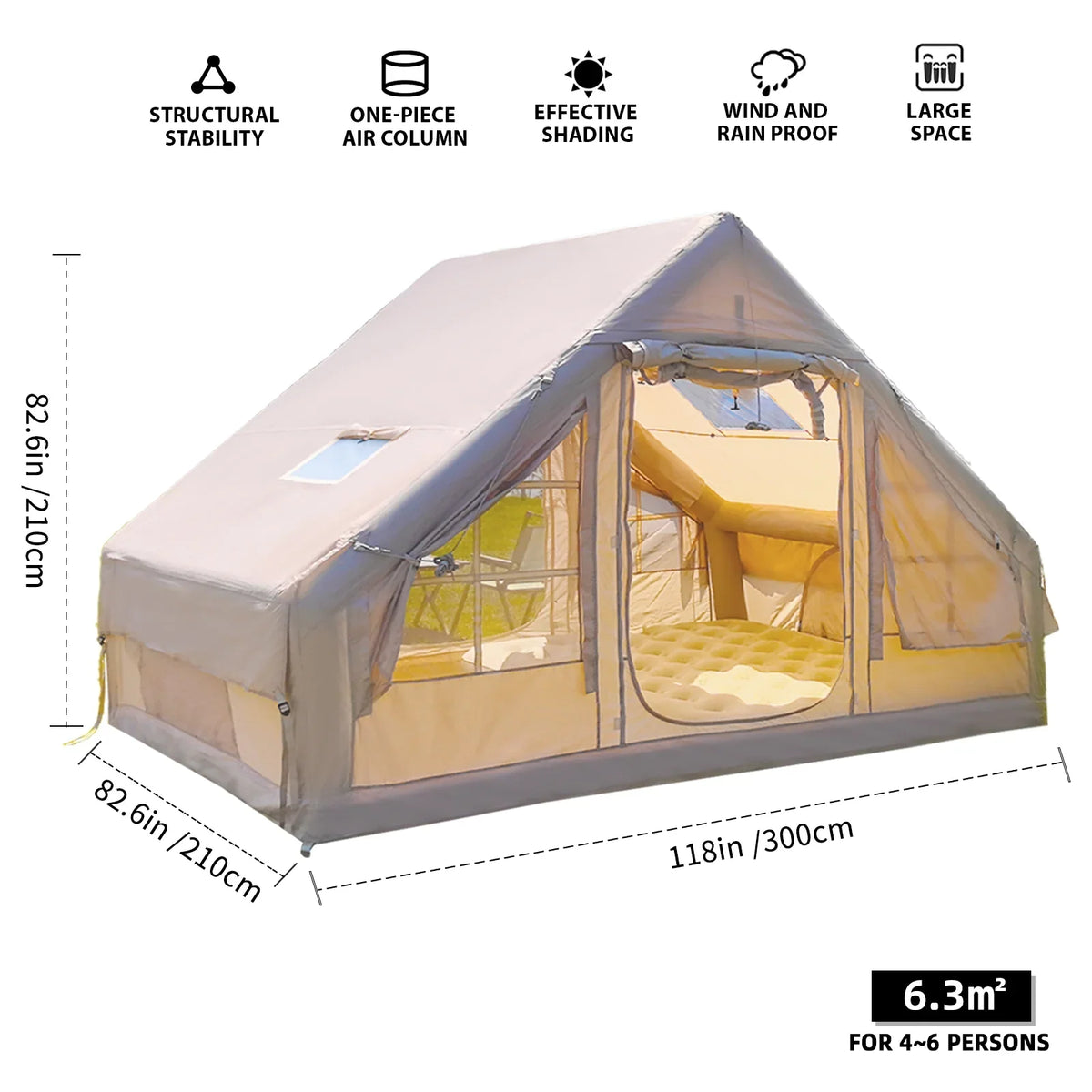 Inflatable Camping Tents 4/6/8/10 Person,129 Square Feets Large Blow up Tent with Stove Jack
