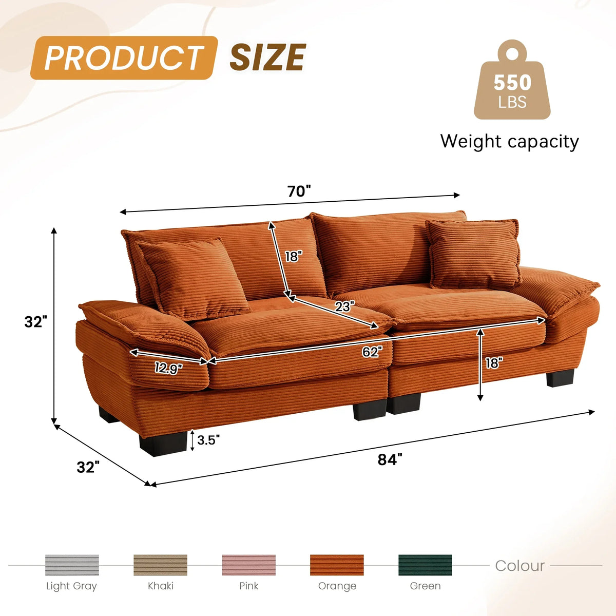Dinosisco 84"L Deep Seat Sofa, Corduroy Upholstered Sleeper Couch for Living Room, Pink