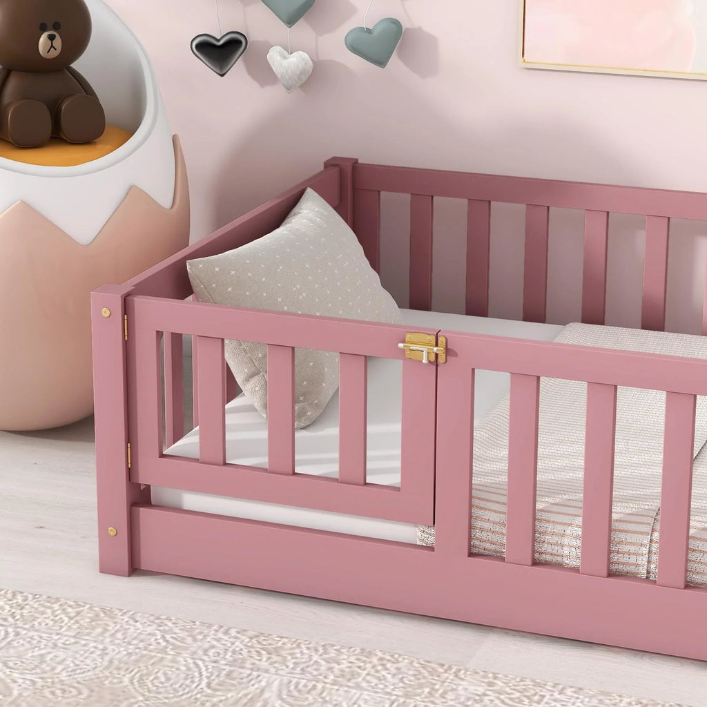 Bellemave Twin Size Floor Beds, Wood Montessori Bed with Fence Railings & Support Slats, No Box Spring Needed (Gray"