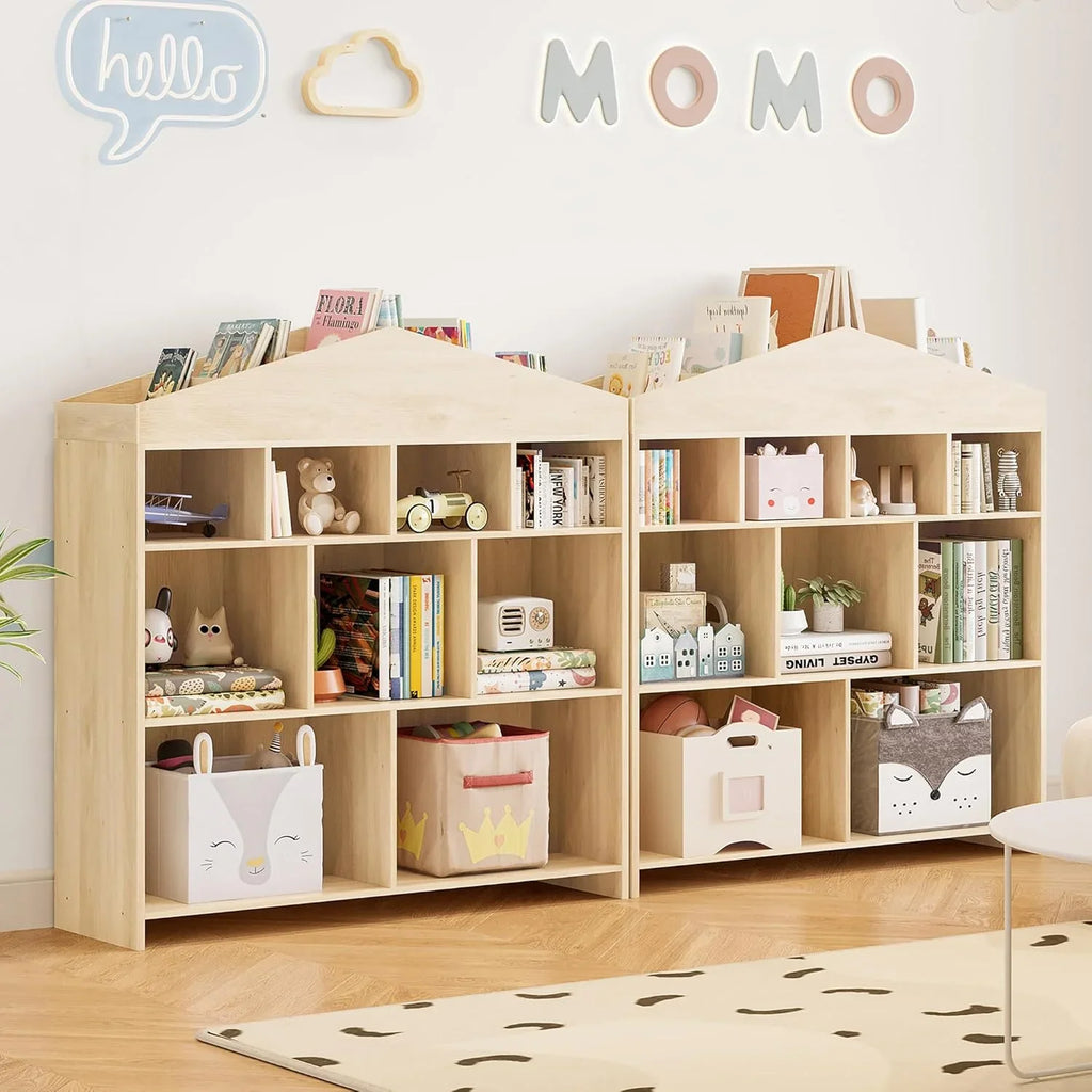 DSstyles Kids Bookshelf 9-Cubby Toy Storage Organizer White Bookcase Toddlers Playhouse Cabinet Shelf for Boys Girls Wooden Storage Toy Shelf for Playroom, Nursery, Kids Room
