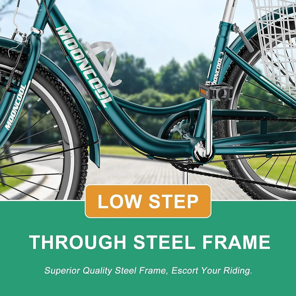 MOONCOOL Adult Tricycles with Rear Basket & Inflator, 24 26 inch 7 Speed 3 Wheel Bikes, Three-Wheeled Bicycles Adult Trike with Backrest for Seniors, Women, Men