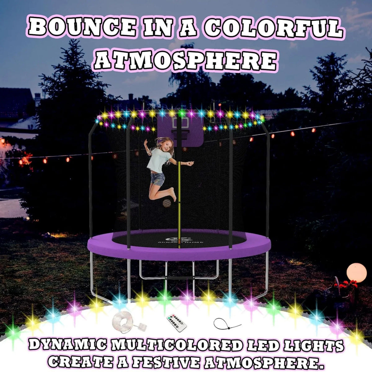 ACWARM HOME 8FT Trampoline with Enclosure Net,Basketball Hoop,Ladder, Light,Outdoor Heavy Duty Round,Purple
