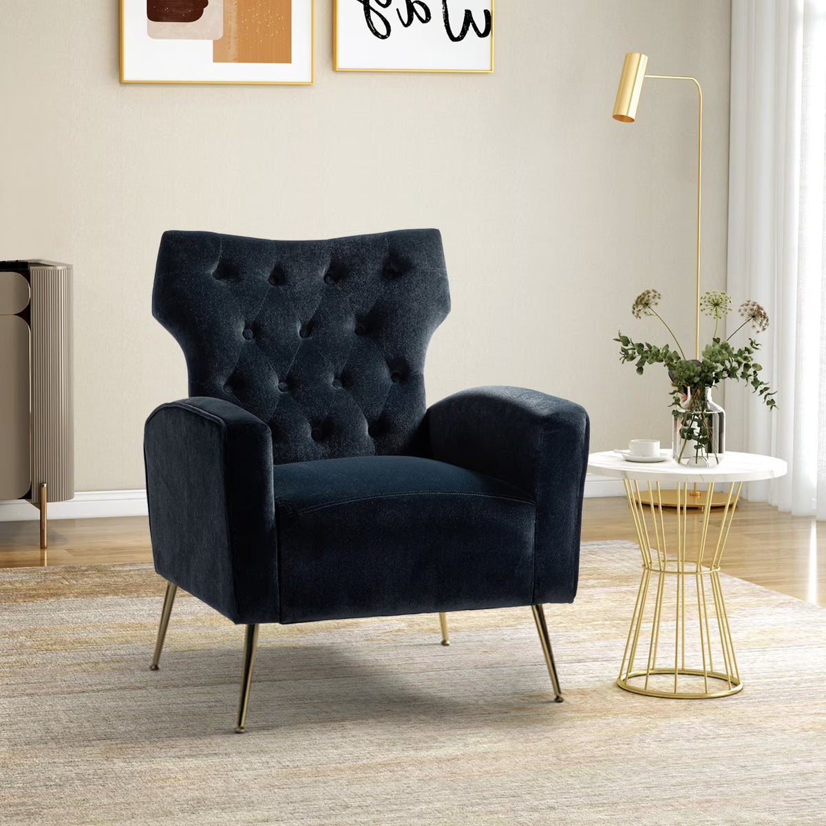 Modern Velvet Accent Chair Upholstered Sofa Armchair Button Tufted Metal Legs Adult Bedroom Home Living Room Grey
