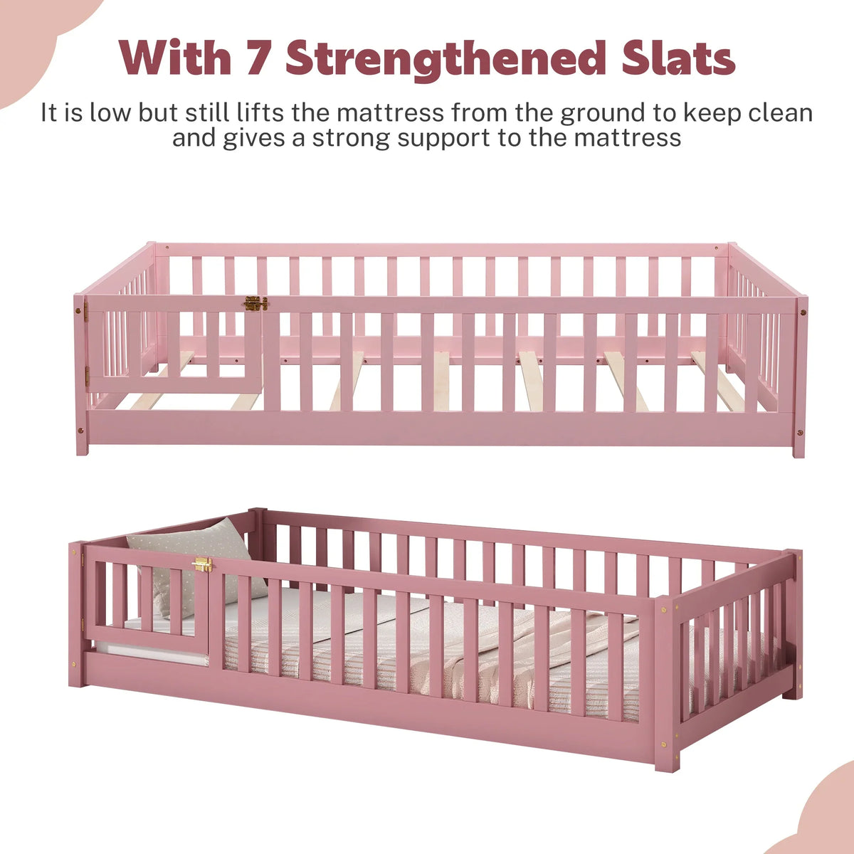 PAPROOS Twin Size Floor Bed, Solid Wood Toddler Bed with Slat, Fence Guardrail and Door, No Box Spring Needed, Montessori Bed, Twin Bed for Kids, Boys, Girls, Gray