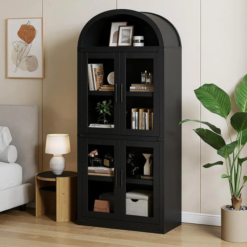 AOILE 72" Tall Arched Farmhouse Bookcase with Doors, Wooden Display Cabinet with Storage Shelves