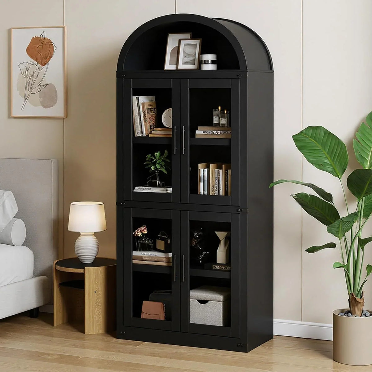 AOILE 72" Tall Arched Farmhouse Bookcase with Doors, Wooden Display Cabinet with Storage Shelves